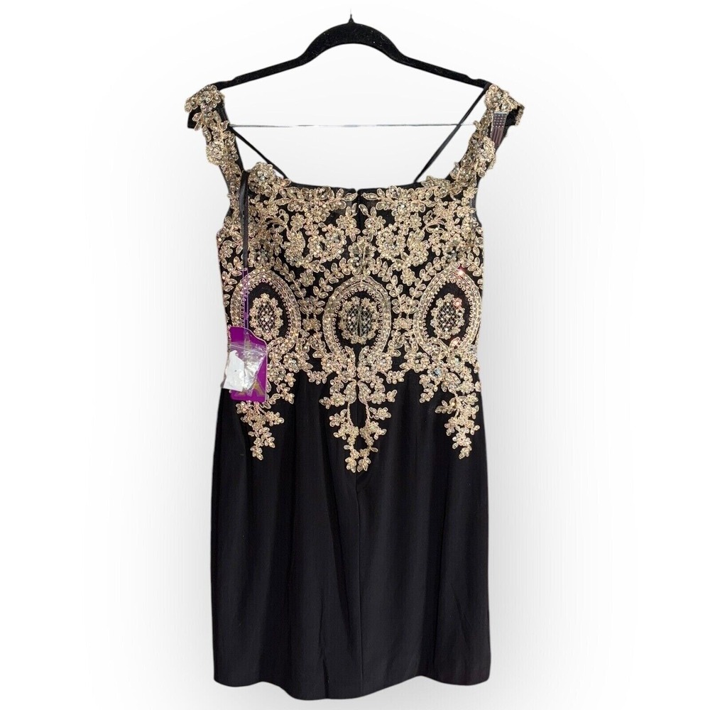 Abby Paris Black Gold Embellished Off Shoulder Cocktail Dress Bodycon Size 6 - Picture 3 of 5